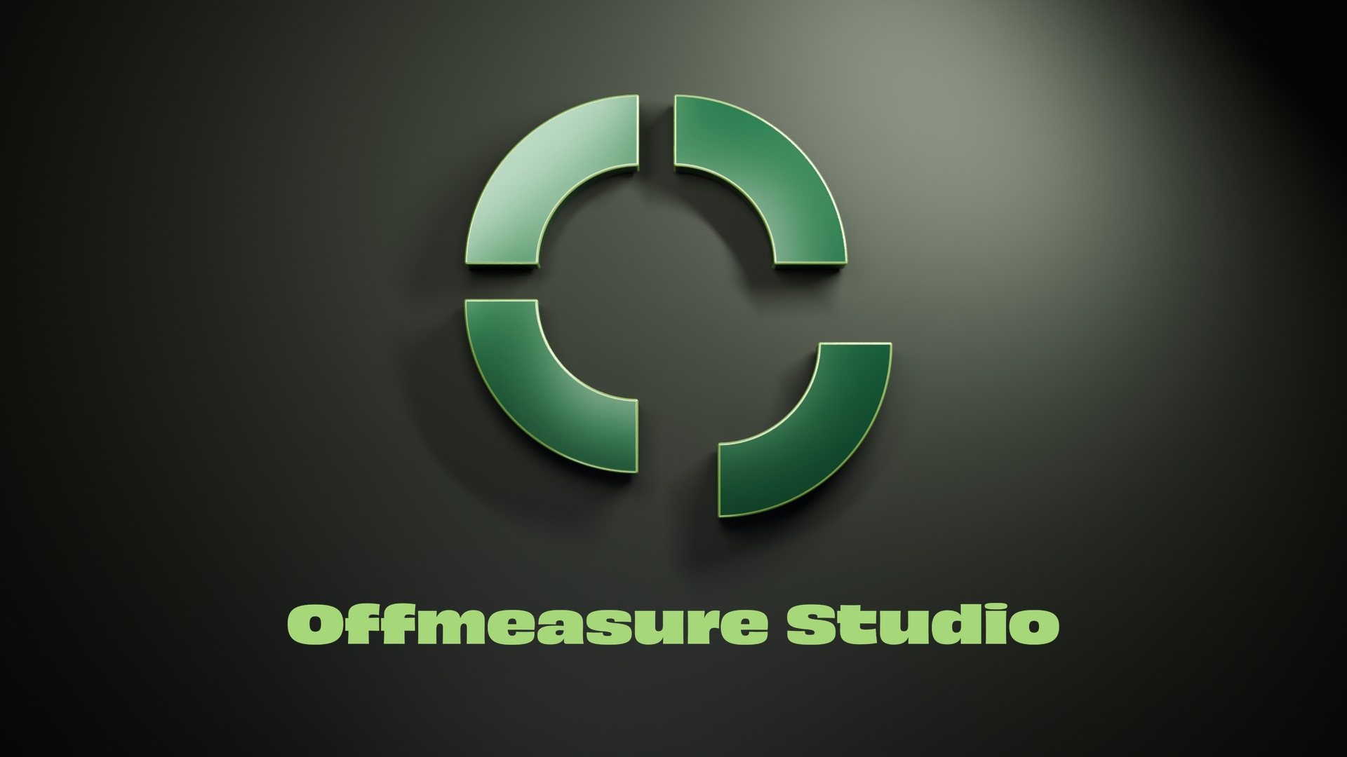 Our forest-green sculptural Offset O above the exact Offmeasure Studio wordmark